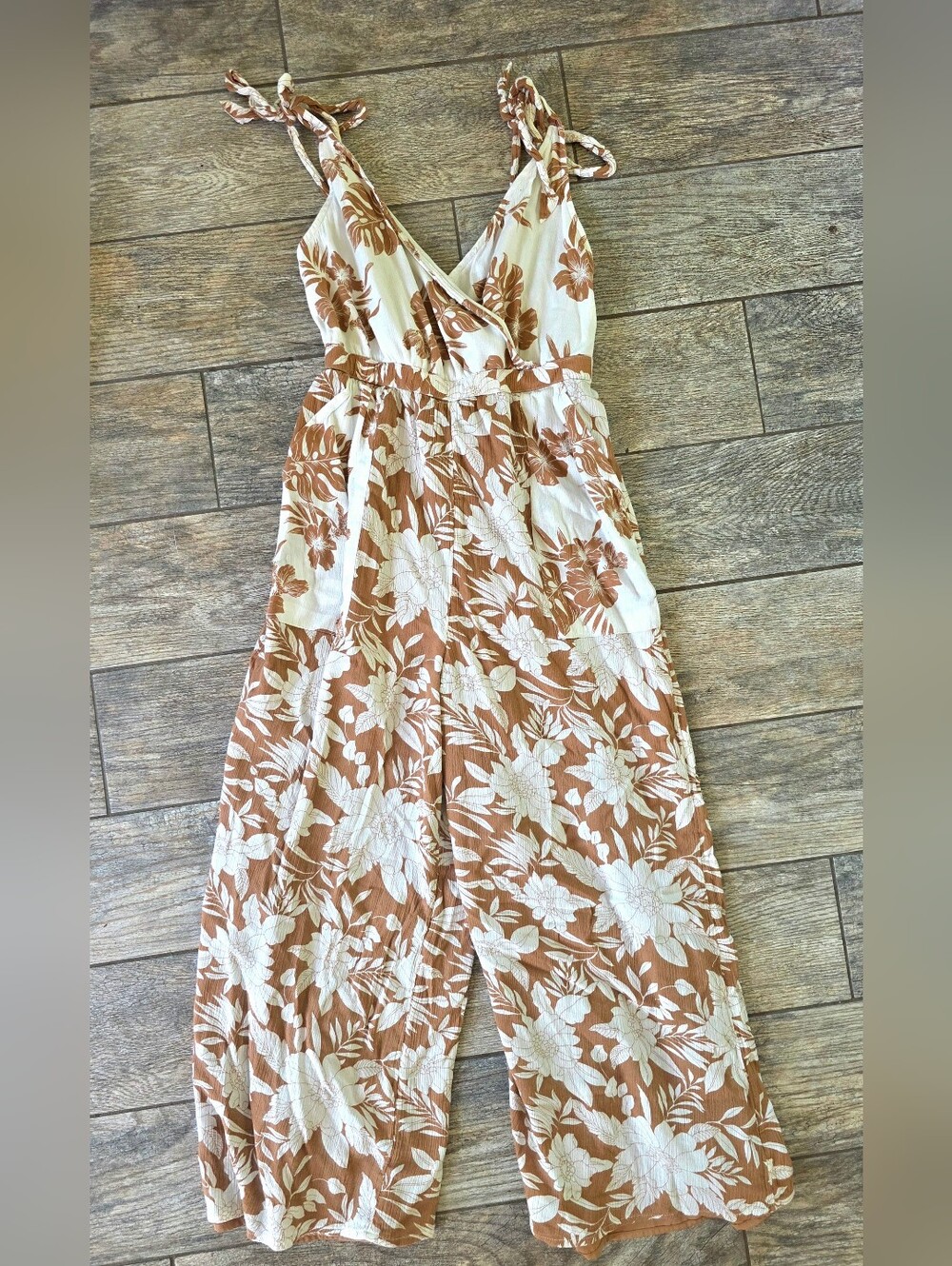 American Eagle Outfitters White & Rust Floral Wide Leg Jumpsuit